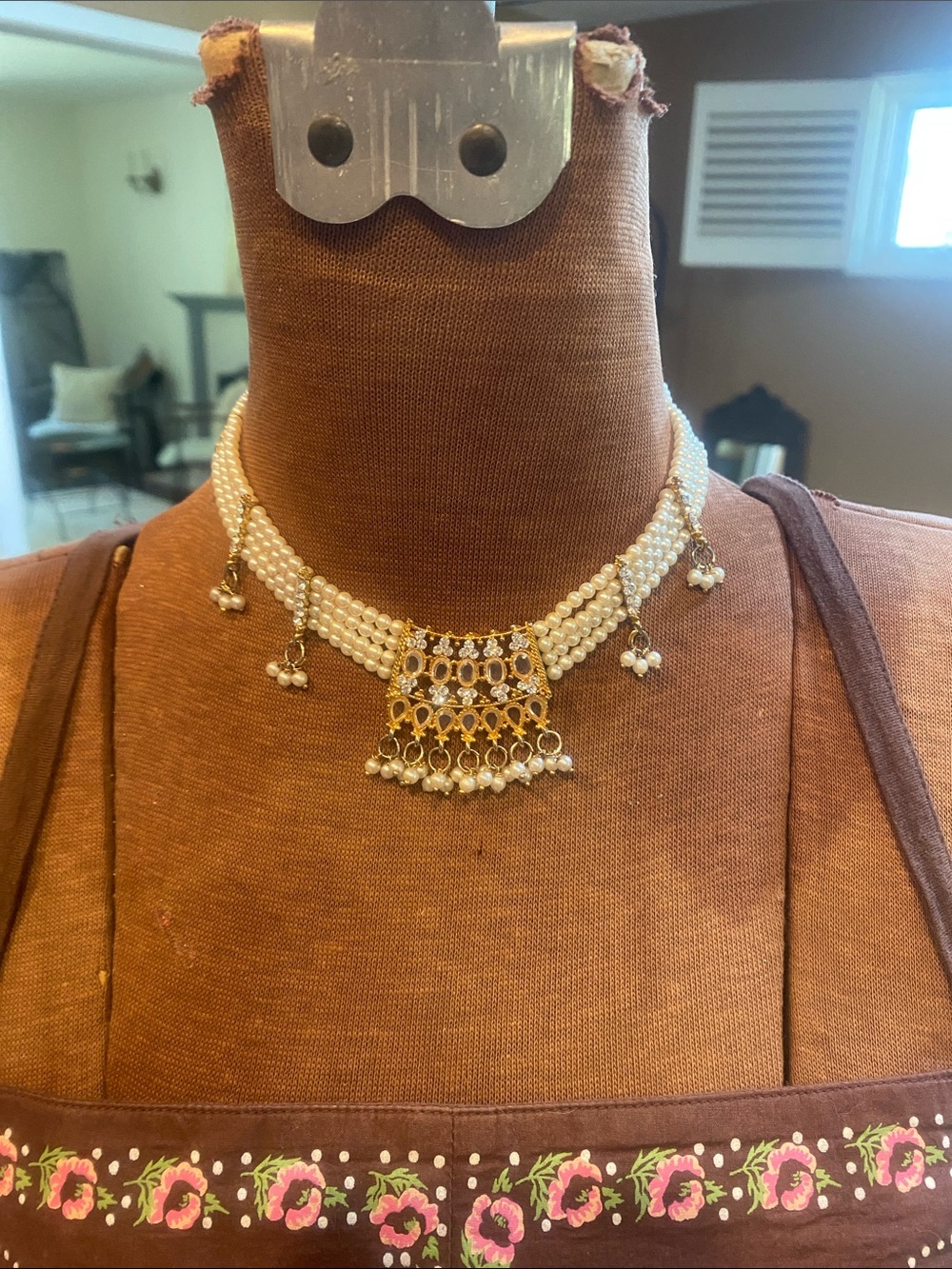 Gold and White Pearl Multi-Strand Choker Necklace